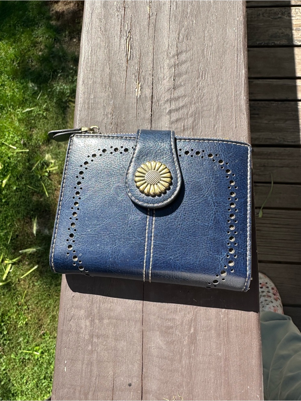 Women's Navy Blue Zip Wallet with Decorative Gold Floral Snap